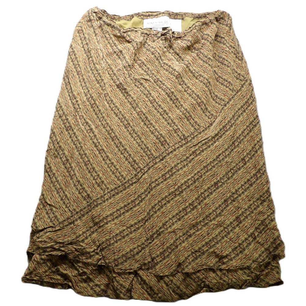 VTG 90s Jones Wear Silk Skirt Women 12 Brown Geometric Drawstrings Boho Bohemian